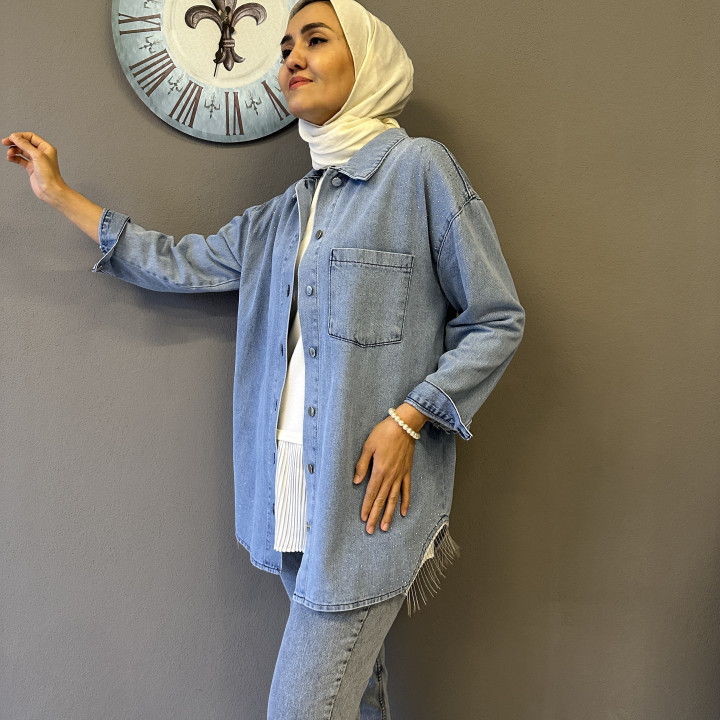 Yanları Zincirli Taşlı Kot Gömlek